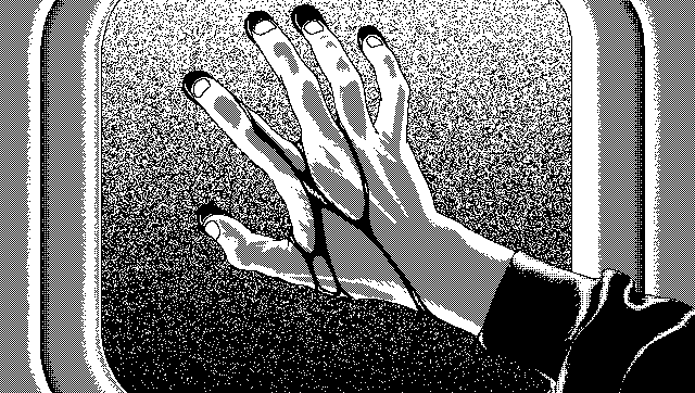dithered hand on window